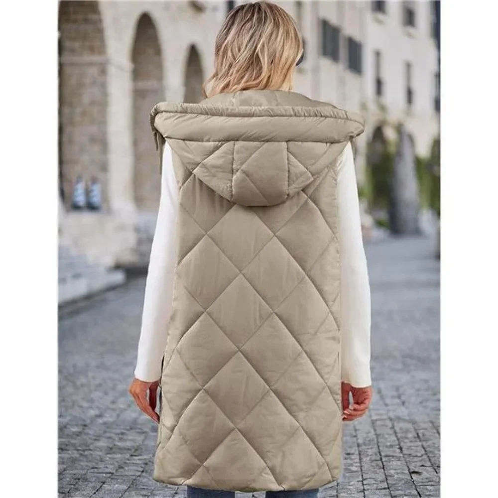 Women's Sleeveless Quilted Long Puffer Vest Hooded Full Zip Jacket Coat - Picture 5 of 7